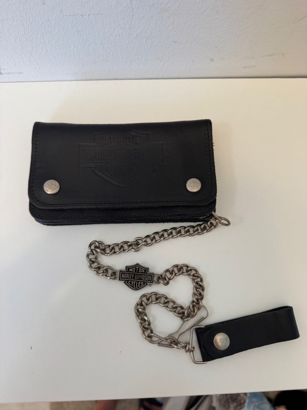 Harley-Davidson Black Leather Chain Wallet Biker Trifold Logo Embossed - Picture 9 of 16